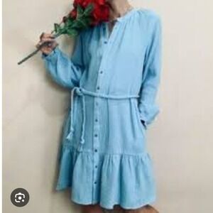 Magaschoni Organic Gauze Cotton Button Front Long Sleeve Tier Dress Blue Sz M